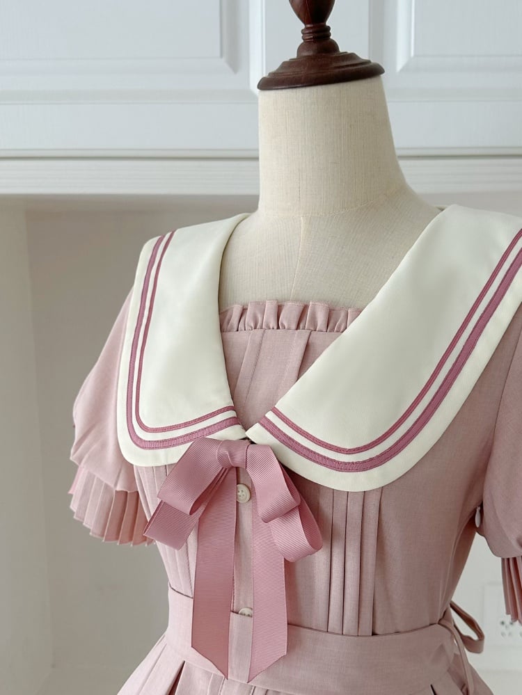 Sakura Pink Sailor Style Summer Dress Pleating Detail Cuffs