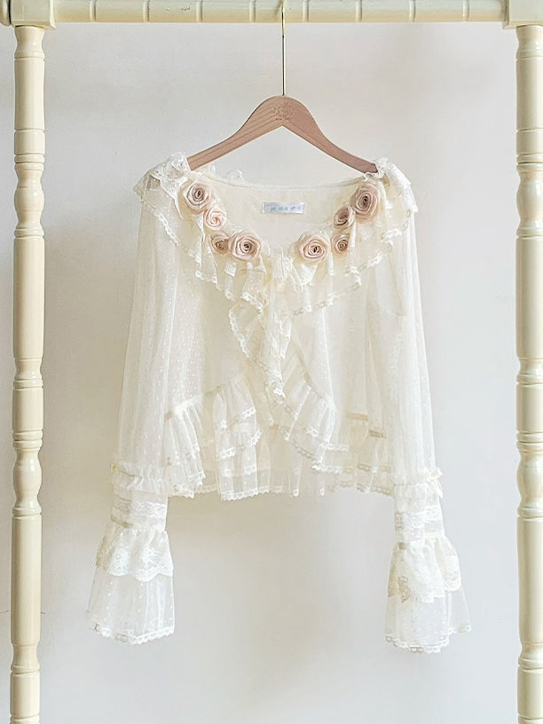Sheer Tulle Top Long Flounce Sleeves Beige Dotted Trimming