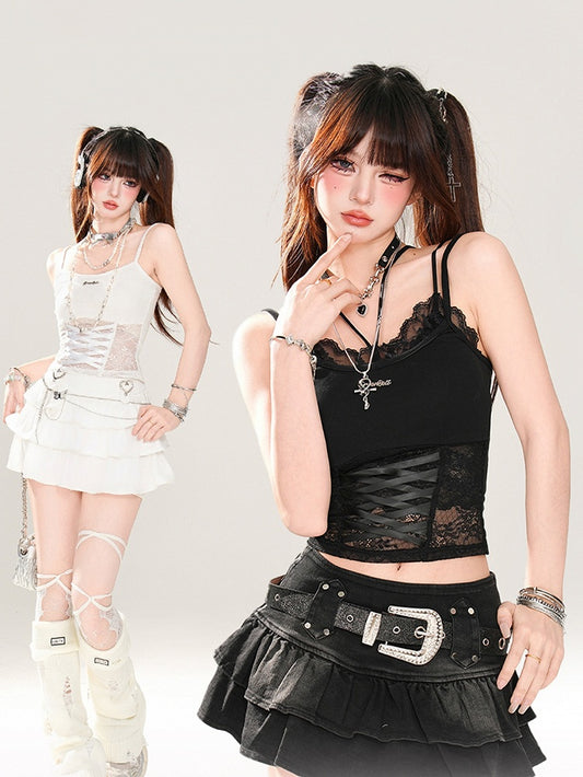 Glamorous Criss-cross Top Design White/Black Cami Lace Patches Waist