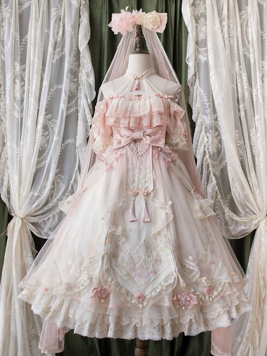 Ombre Pink Peach Blossom Halter Neck Han Lolita Dress Full Set