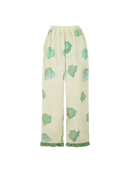 Frog Print Green Flannel Pajama Top Pants Set