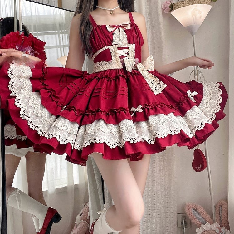 Trim Ruffle Lolita Red Pleated Skirt Summer and Jumper