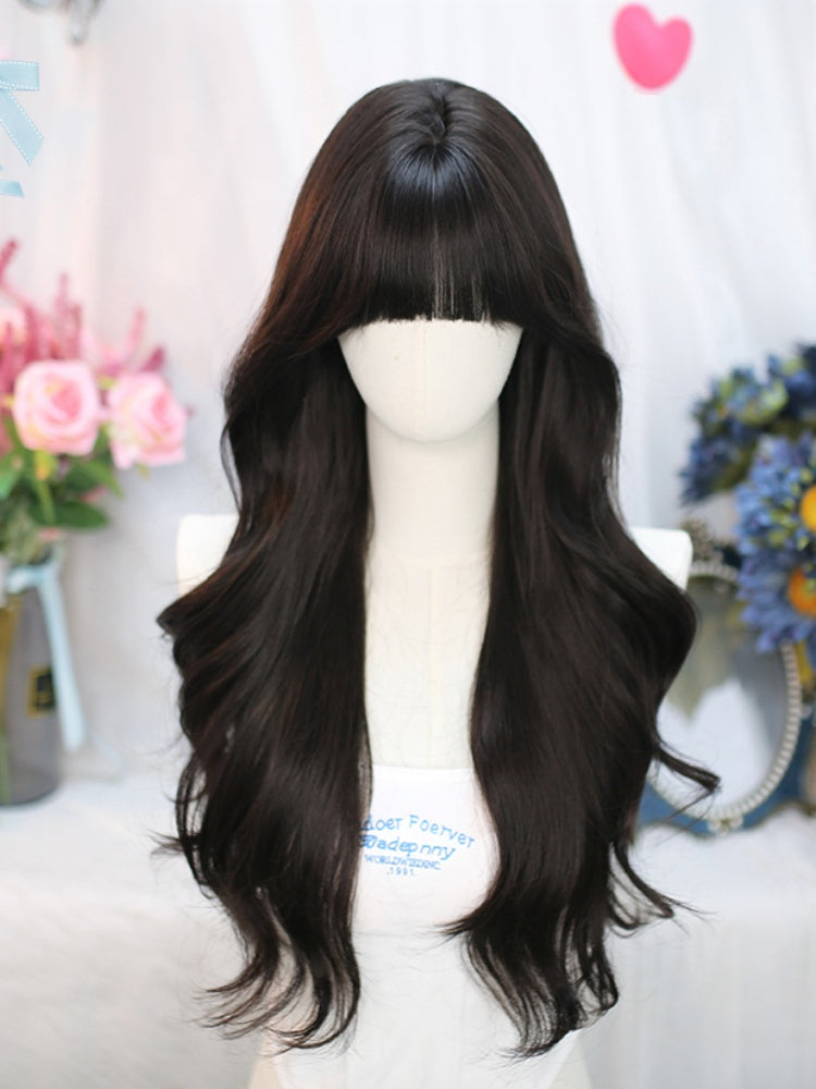 Black Tea Under Bust Length Wavy Wig with Full Bangs