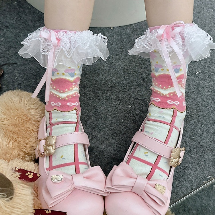Pink Sweet Lolita Bowknot Lace Trim Striped Pattern Calf Socks