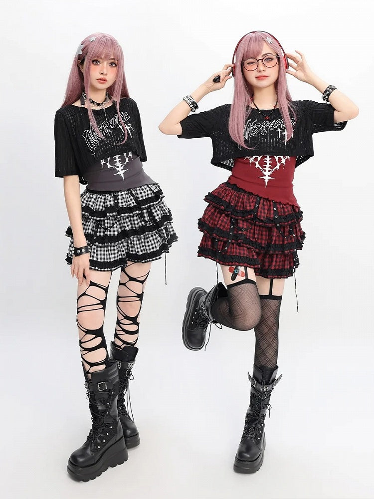 Tiered Skirt Y2K Red  Black/Black  White Plaid Strap Details