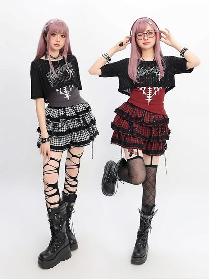 Tiered Skirt Y2K Red  Black/Black  White Plaid Strap Details