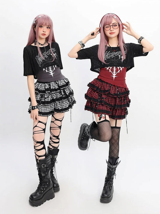 Tiered Skirt Y2K Red  Black/Black  White Plaid Strap Details