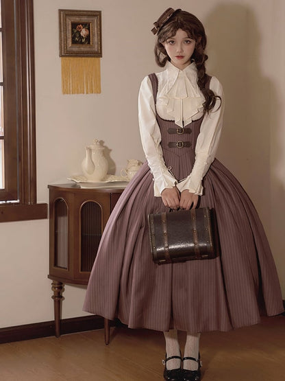 Brown Long Version Under Bust Elegant Classic Lolita JSK + Shirt + Mini Hat + Brooch + Necklace