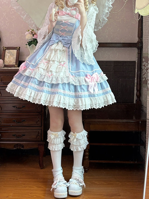 Lace Tiered Trim Sweet Lolita Dress Pink Bowknots Blue JSK