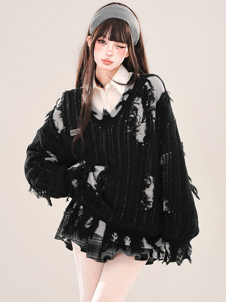 Black/Grey Distressed Holes Fake Two-piece V-neck Loose Sweater
