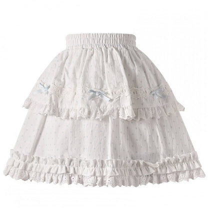 ブルー/ピンクの水玉模様の蝶結び、フリルのレーストリムのティアードスカート