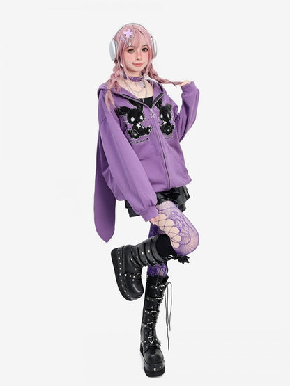 Punk Purple Oversized Bunny Ears Loose Zip Hoodie