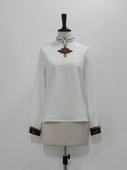 Haut à manches longues et col à bande blanche, style Ouji, nœud chinois