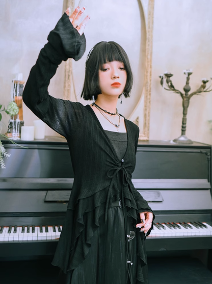 Sleeves Hem Style Asymmetrical Black Layered Cardigan Knitted Cheongsam Bell