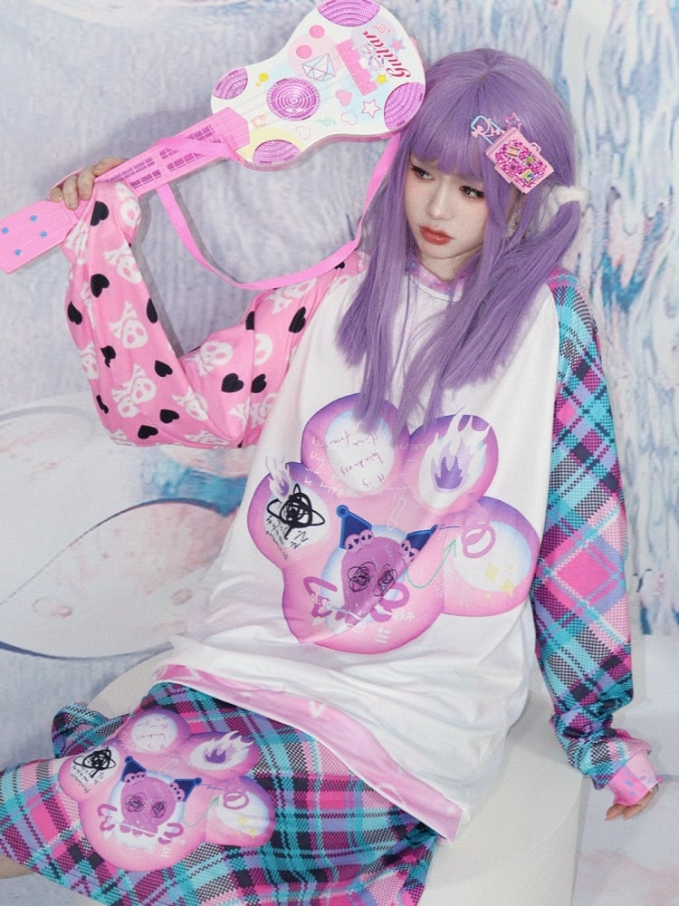 Top Sleeves Heart Pattern Y2K Cat Print Long And Skeleton Plaid White Claw