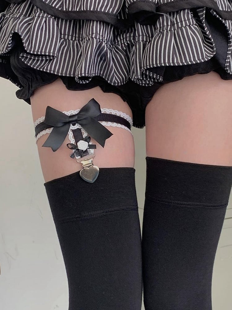 Black/White/Pink/Blue Sweet Bowknot Lace Trim Leg Loop With Heart Charm