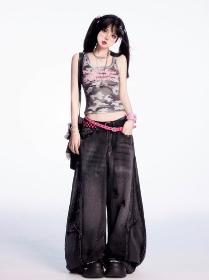 Tank Top Camouflage Letter Print Slim-Fitting Vintage
