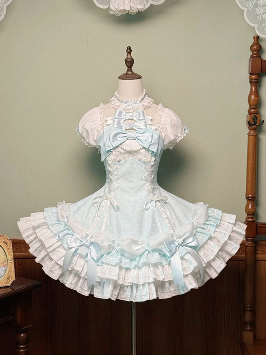 Gepunktetes blaues Lolita-Kleid mit altem Neckholder und Schulärmeln, vielseitiges Polka-Kleid mit Puffärmeln