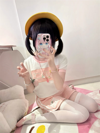 White Contrast Pink Trim Round Neck Strawberry Cropped Top