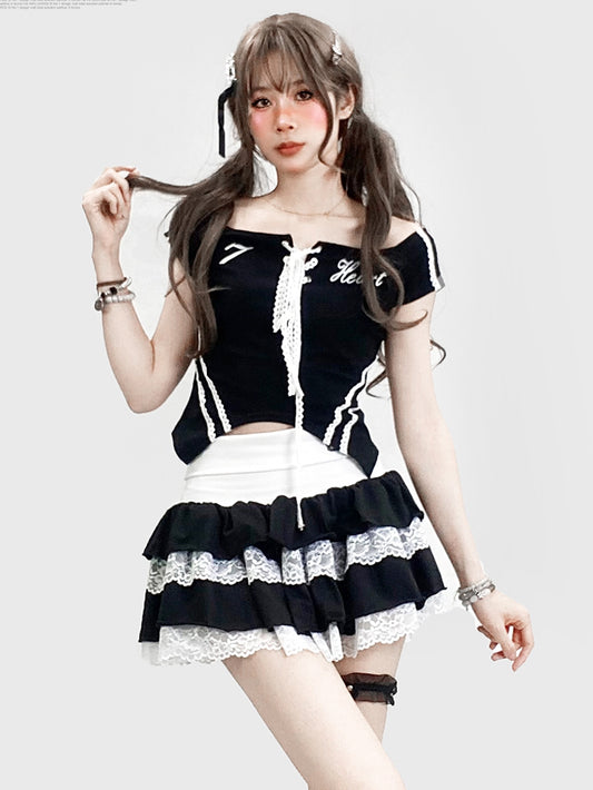 Black Bittersweet Neckline Top With Lace-Up Detail And Letter Print Off-the-shoulder Kawaii