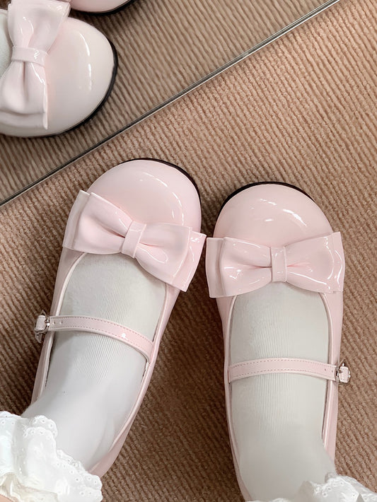 Toe Top Bow PU Janes Buckle Pink Sweet Flat - with Mary Round Lolita Heart