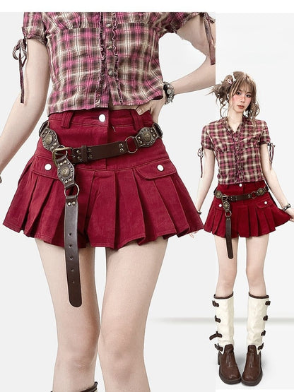 Pleated Denim Skirt Red Christmas