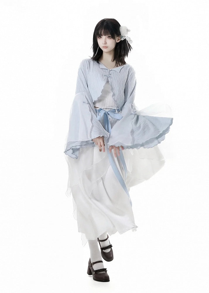 Free Top Knot Cheongsam Style Cropped Cami Buttons Bell Sleeves Blue Cardigan