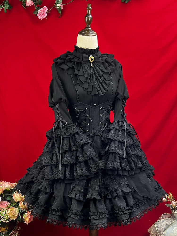 Neckline Ruffle Gothic Bell Jabot Black with Shirt Layered Sleeves Tie Kuro Lolita