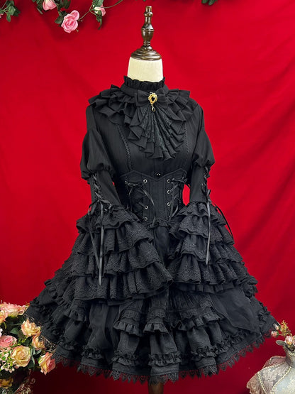 Neckline Ruffle Gothic Bell Jabot Black with Shirt Layered Sleeves Tie Kuro Lolita