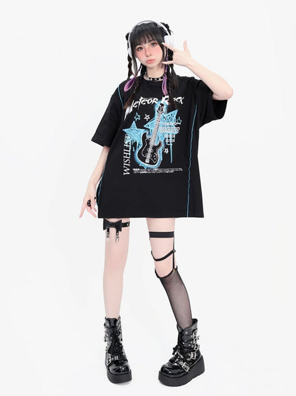 Black Guitar and Star Print Punk T-shirt