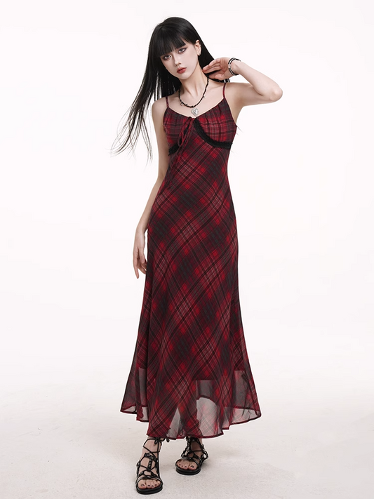 Self-tie Strap Neckline Cami Dress Red  Black Plaid V-neck