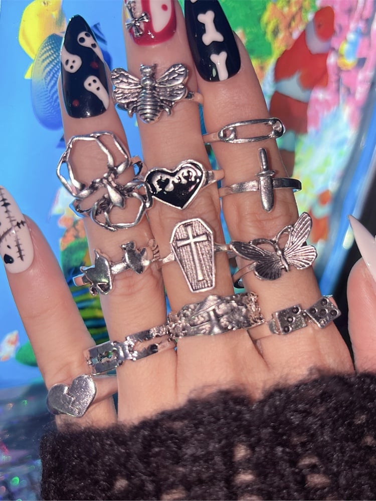 Spider Coffin Butterfly Gothic Rings Set