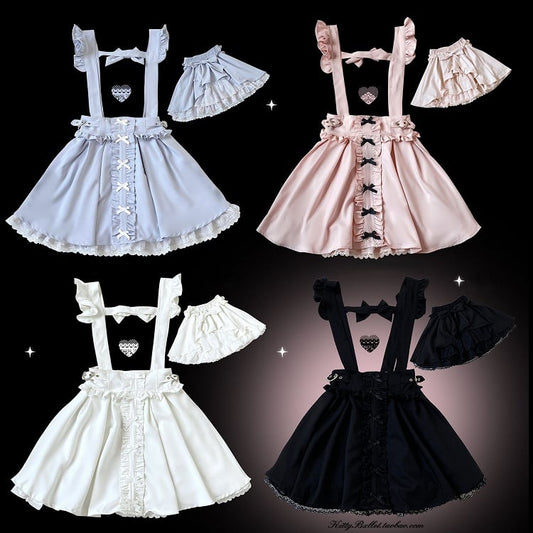 Trim Lace Shorts Dress With Blue/White/Pink/Black Kei Bowknot Details Jirai Overall