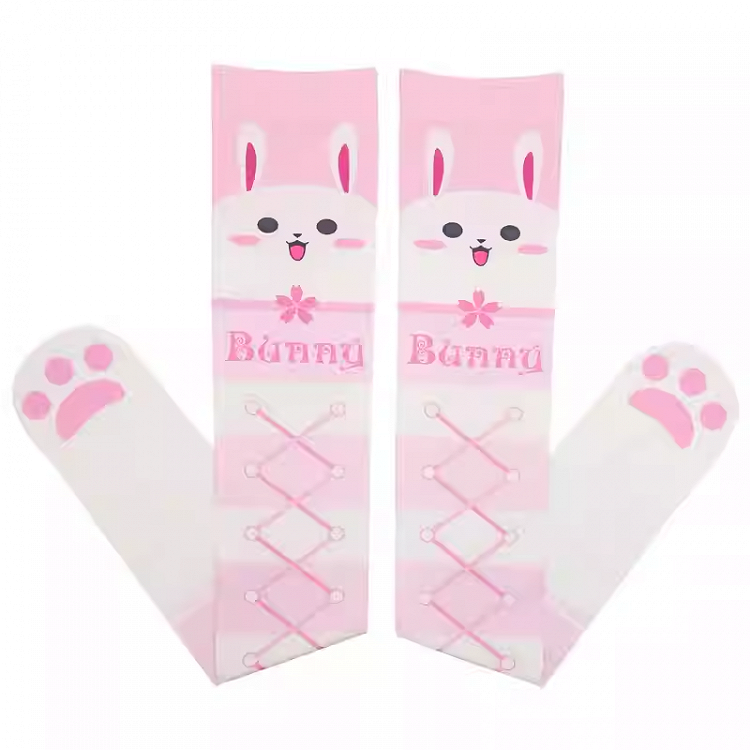 Bas au-dessus du genou à bandes entrecroisées et motif lapin rose