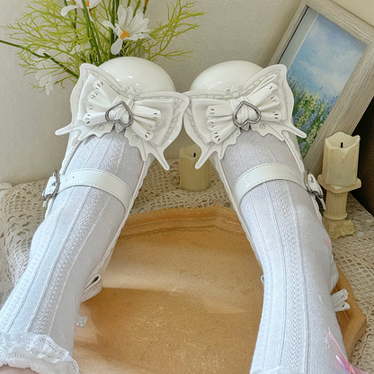 Sweet Lolita Milk White Bowknot Heart Buckle Strap Block Heel Mary Janes