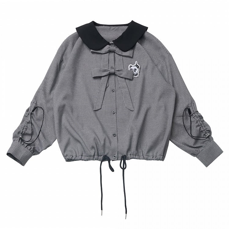 Blouse Drawstring Black and White Plaid Peter Pan Collar Bow Accents Cuffs