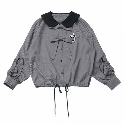 Blouse Drawstring Black and White Plaid Peter Pan Collar Bow Accents Cuffs