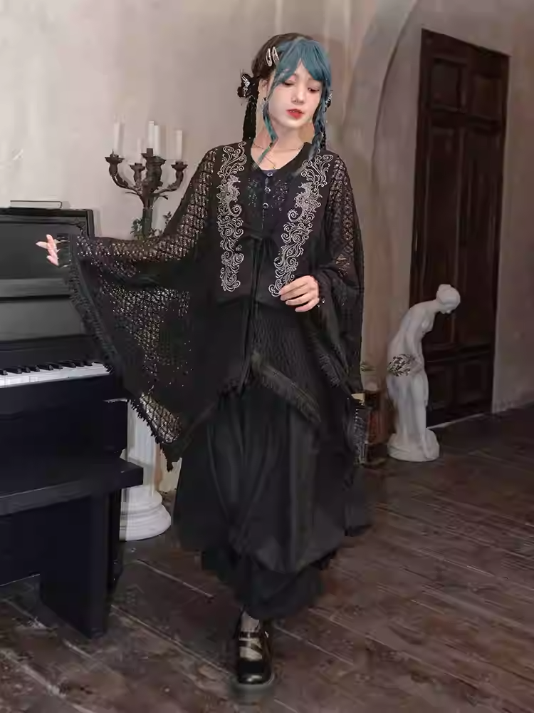 Tassel Embroidery Hem Black Cheongsam Cape Cardigan Style Detachable Seahorse with and Collar Hollow-out Coral