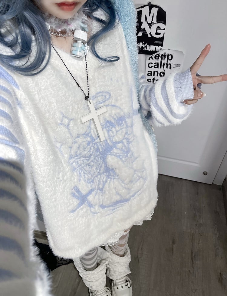 Tenshi Kaiwai Blue and White Angel Graphic V-neck Loose Sweater