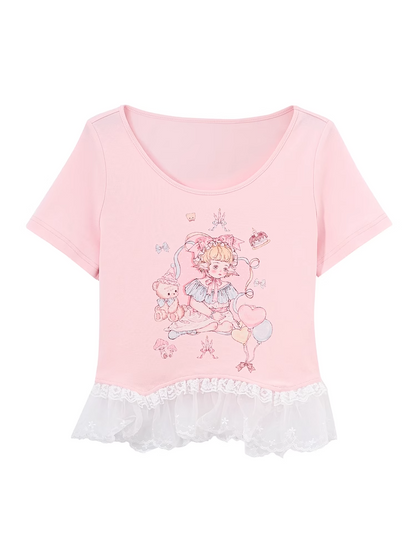 Rosa/weißes T-Shirt mit Spitzenbesatz und süßem Rundhalsausschnitt
