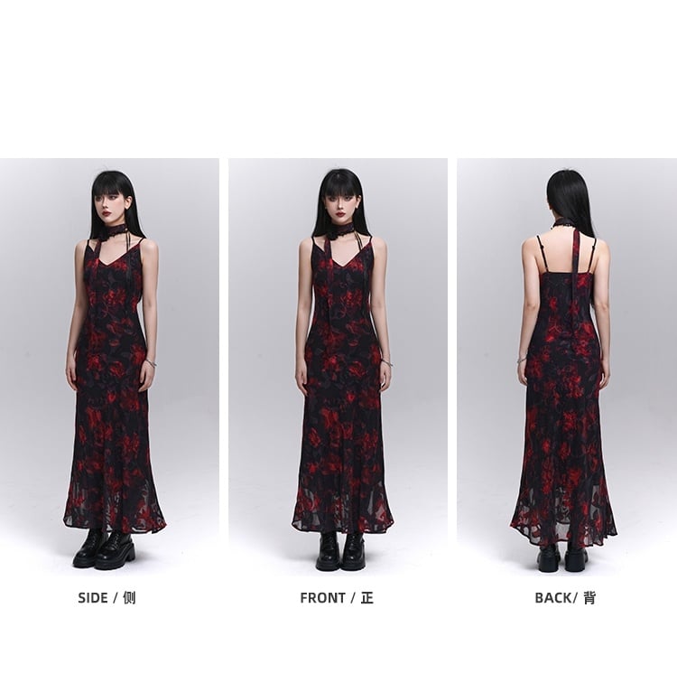 Floral Length Red and Black V-Neck Ankle Slip Dress