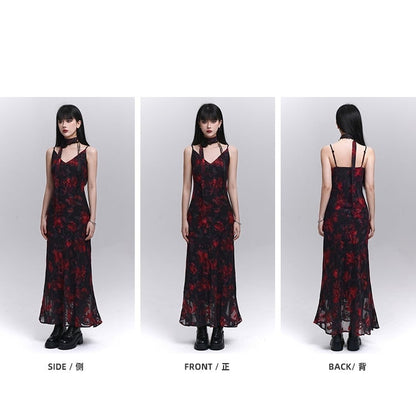 Floral Length Red and Black V-Neck Ankle Slip Dress