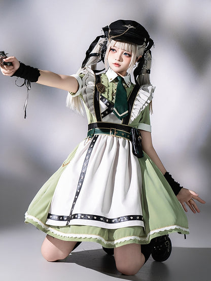 Flutter Military and Set Short Apron Green Dress Full Maid Light Lolita Sleeves