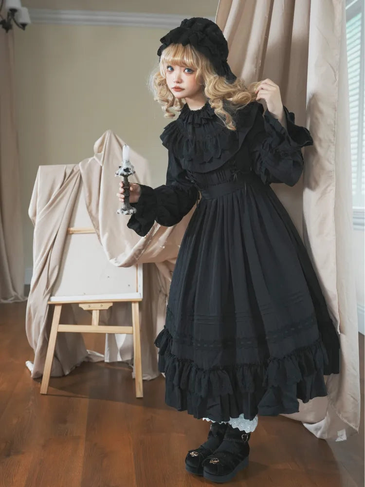 Layered Gothic Neck Kuro Ruffled Black Lolita Hemline Long All Ruffle Dress Sleeves