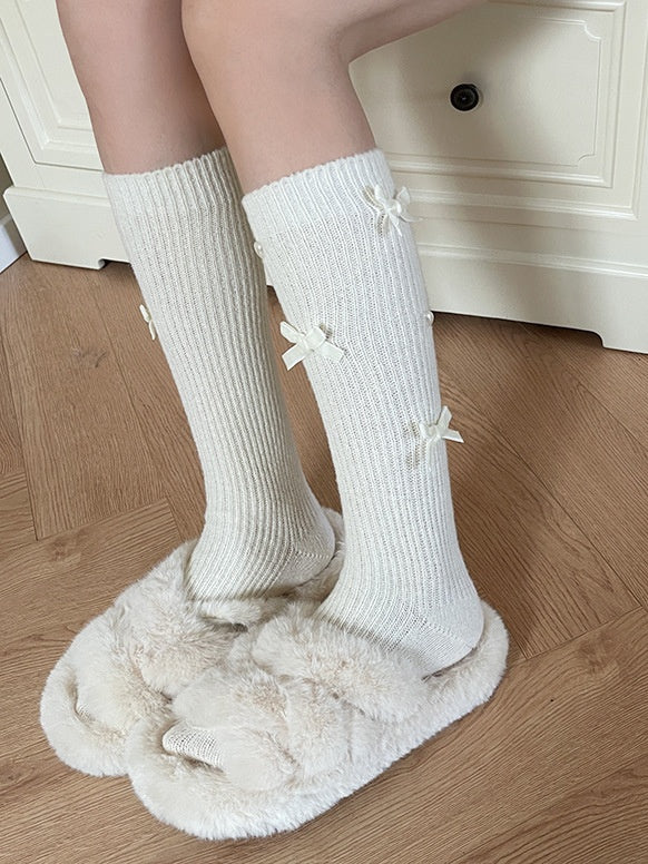 White Lolita Bowknot Heart Calf Socks