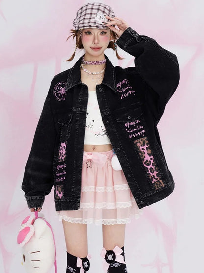 Faded Wash Black Letters Print Leopard Patches Denim Jacket