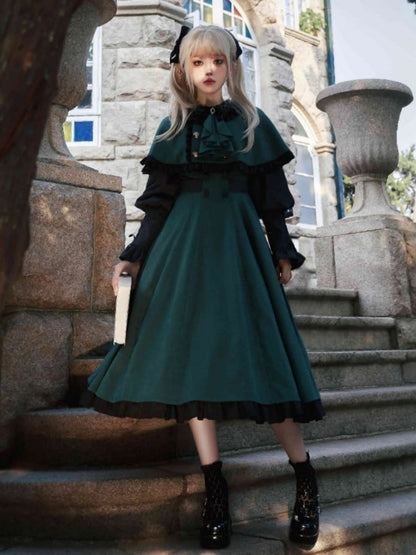 Dark Academia Green and Black Leg-of-Mutton Sleeves Lolita Dress