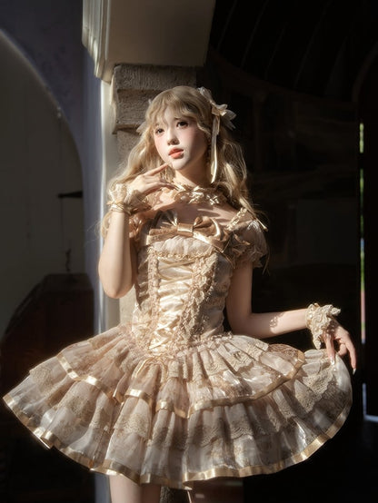 Sleeves Corset Lolita Kitty Short Dress Print and Bunny Puff Champagne