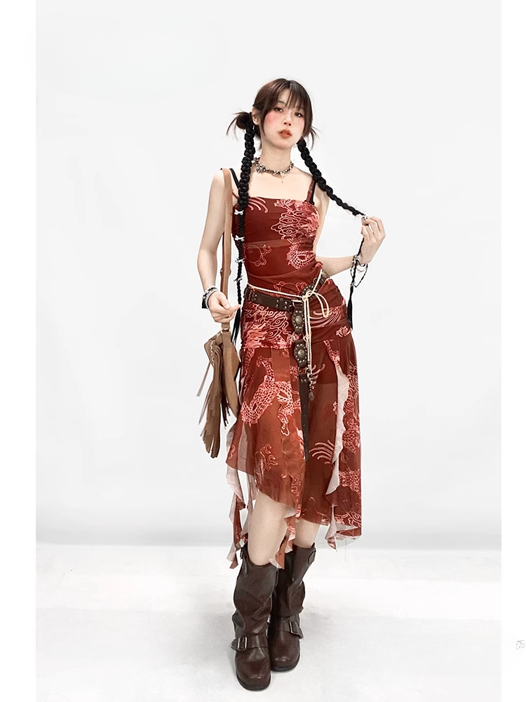 Wine Red Asymmetrical Hem Dragon Print Glamorous Spaghetti Strap Dress