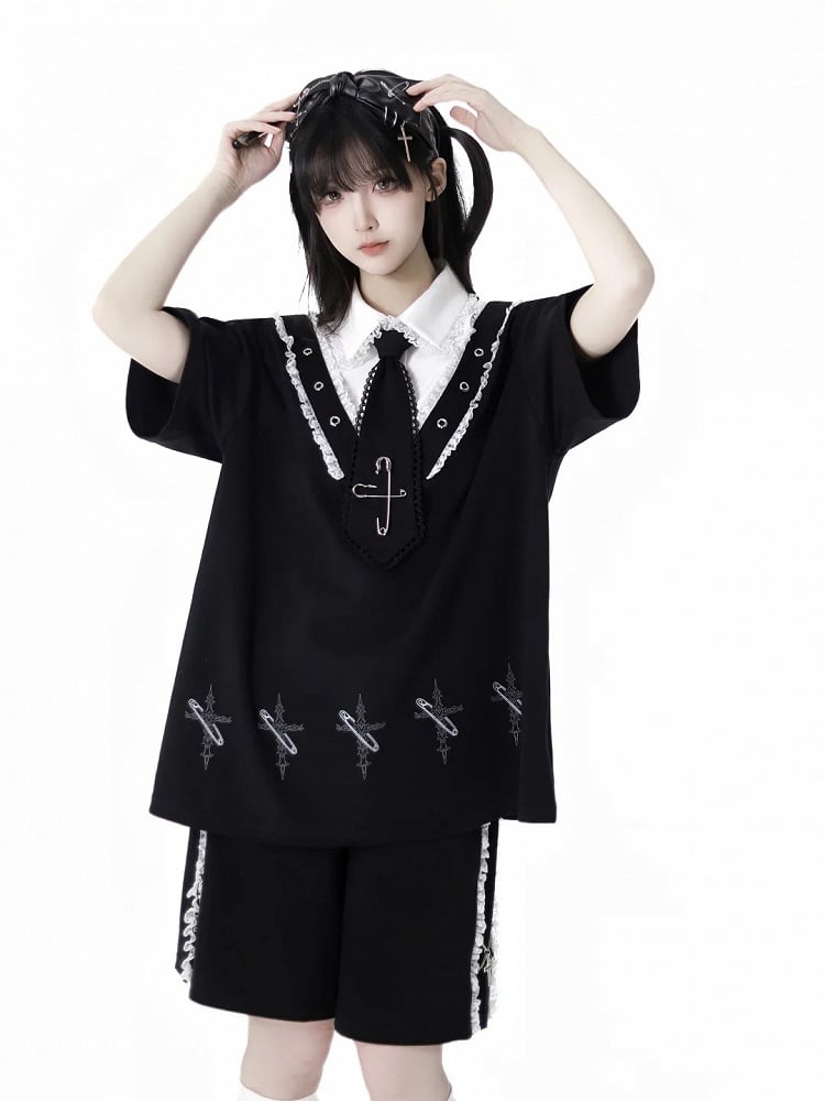 Lace Black Elastic Waist Contrast Shorts Trim Cross Charms